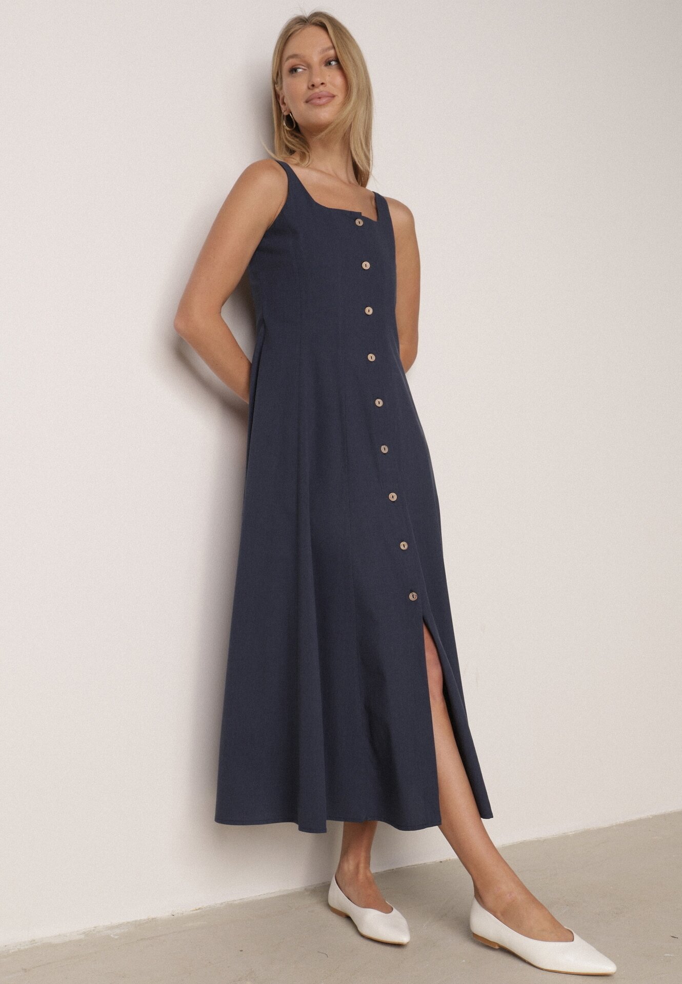elsa.m by may Rochie Evazată Bleumarin cu bumbac vâscoză și nasturi Appeia
