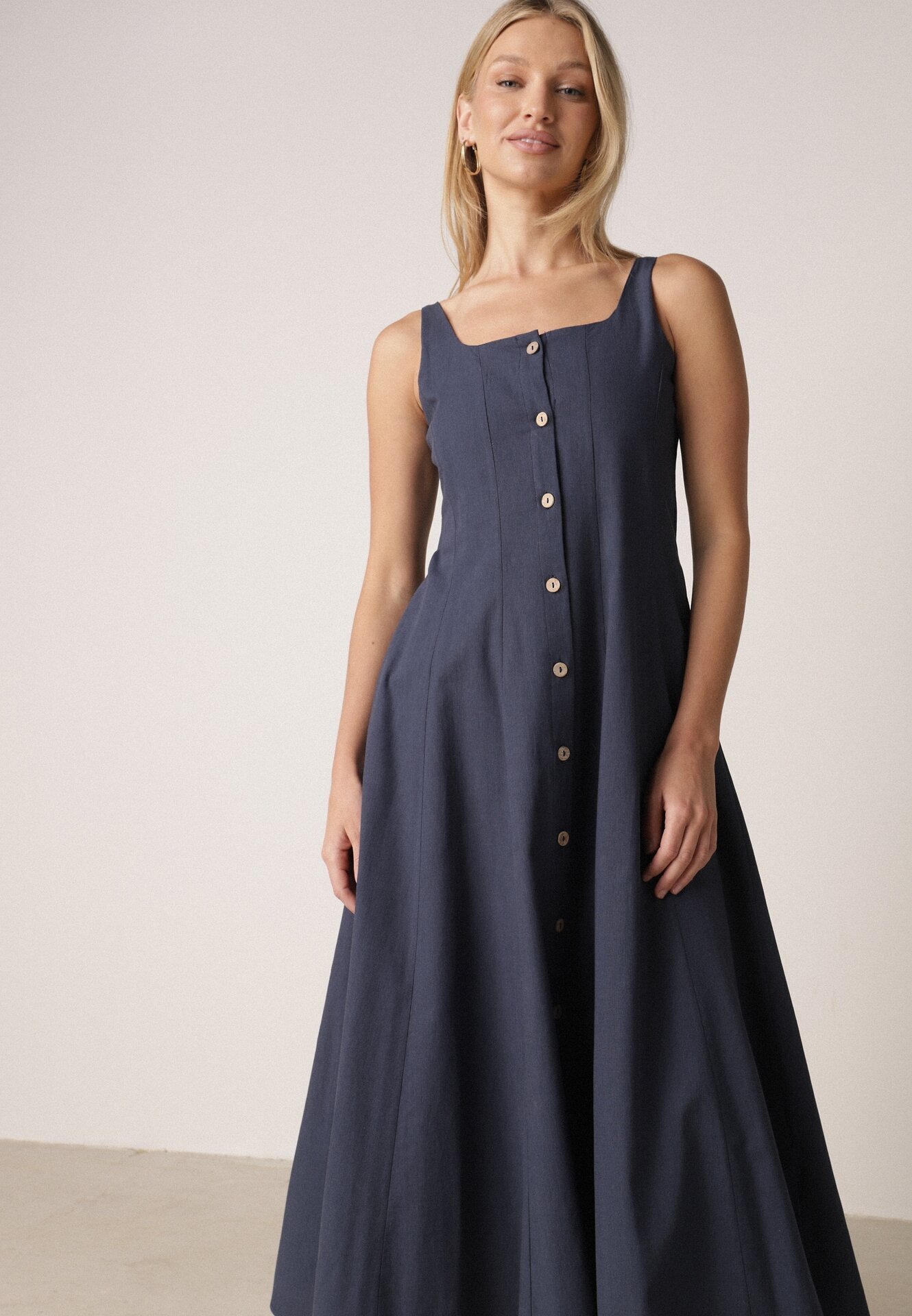 elsa.m by may Rochie Evazată Bleumarin cu bumbac vâscoză și nasturi Appeia