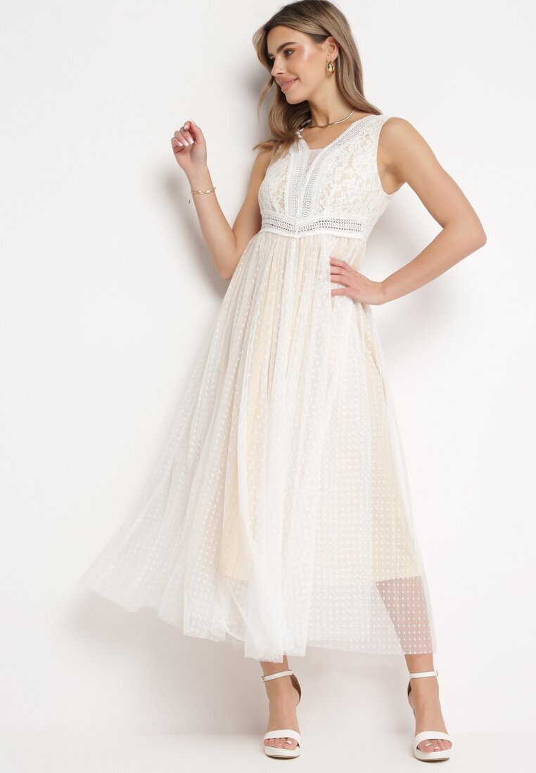 elsa.m by may Rochie Evazată Maxi Albă cu top dantelat și fustă din tul Gelivia