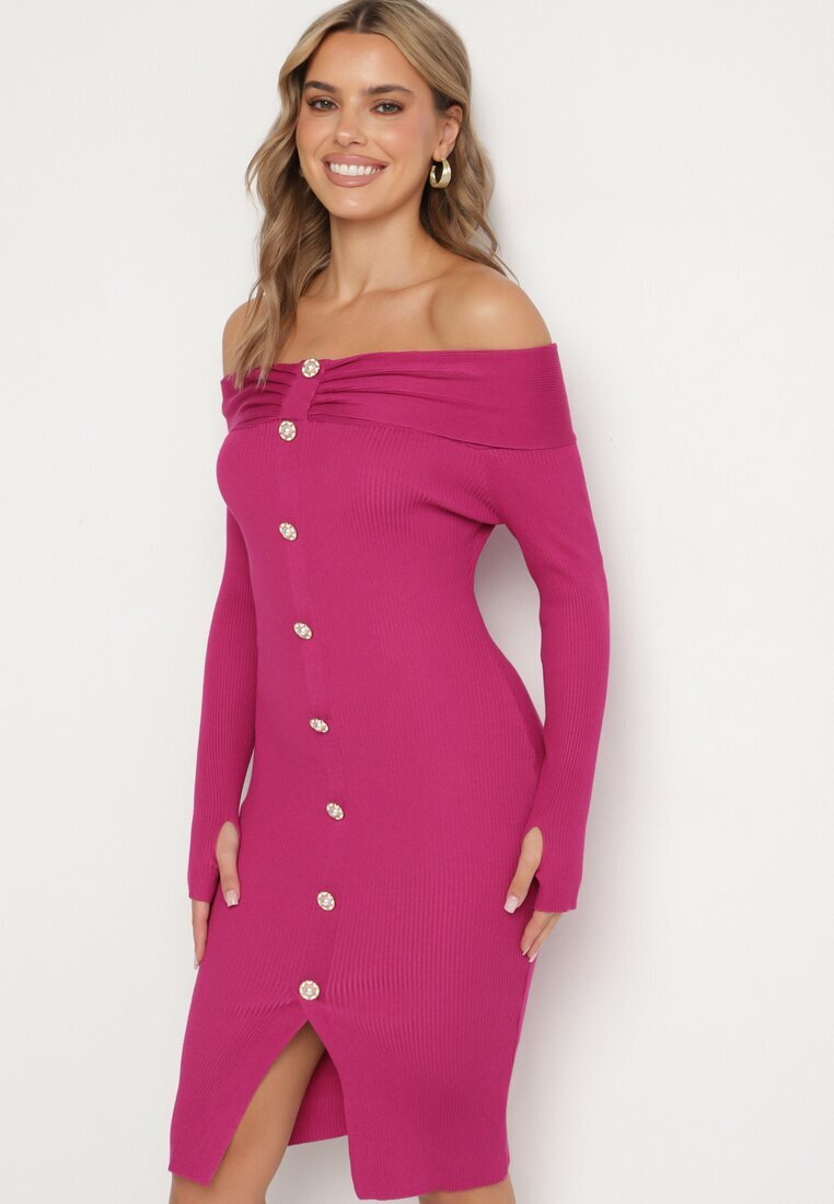 elsa.m by may Rochie fucsia tricotată de cocktail cu viscoză nasturi decorativi și decupaj pentru degetul mare Faledi