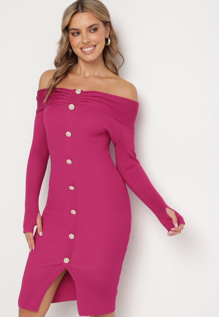 elsa.m by may Rochie fucsia tricotată de cocktail cu viscoză nasturi decorativi și decupaj pentru degetul mare Faledi