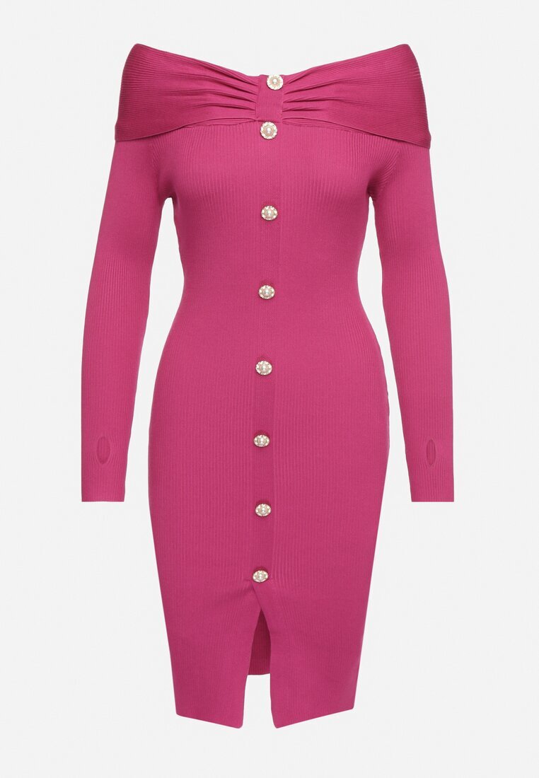 elsa.m by may Rochie fucsia tricotată de cocktail cu viscoză nasturi decorativi și decupaj pentru degetul mare Faledi
