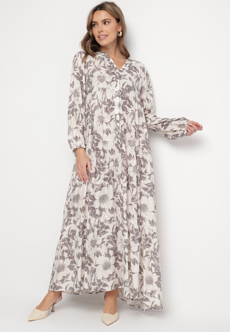 elsa.m by may Rochie Gri De Bumbac Evazată Florală Efadora