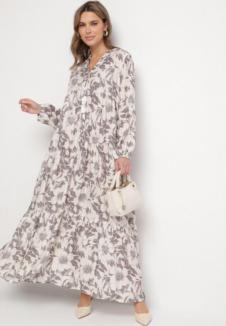 elsa.m by may Rochie Gri De Bumbac Evazată Florală Efadora