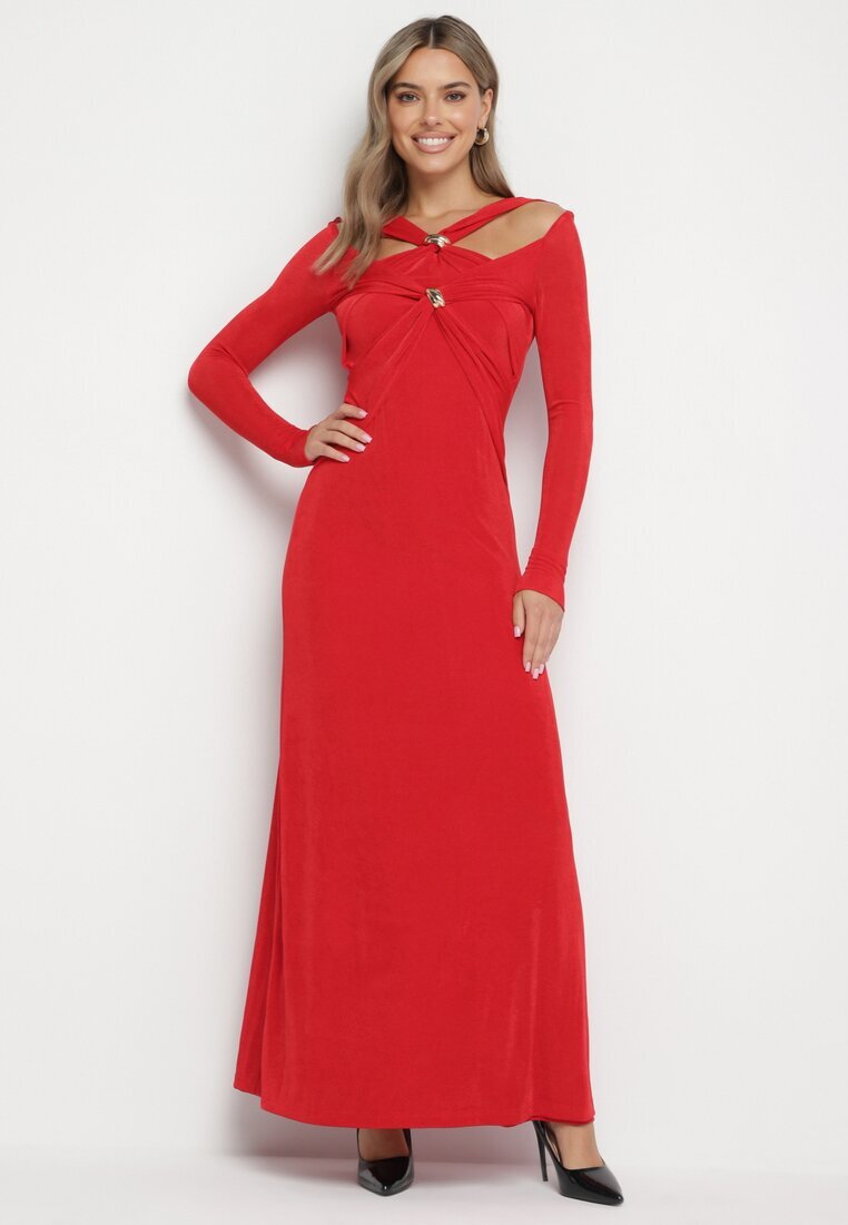 elsa.m by may Rochie Lungă Roșie cu Decolteu Decorativ și Detalii Bijuterii Nerosha