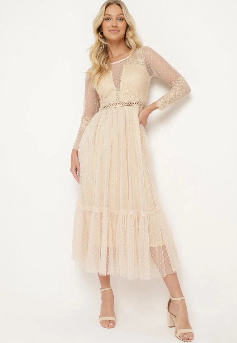 elsa.m by may Rochie Maxi Bej închis cu croială evazată cu dantelă decorativă și tul Steilla