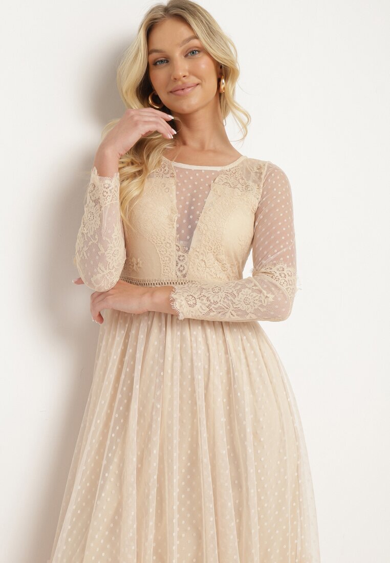 elsa.m by may Rochie Maxi Bej închis cu croială evazată cu dantelă decorativă și tul Steilla