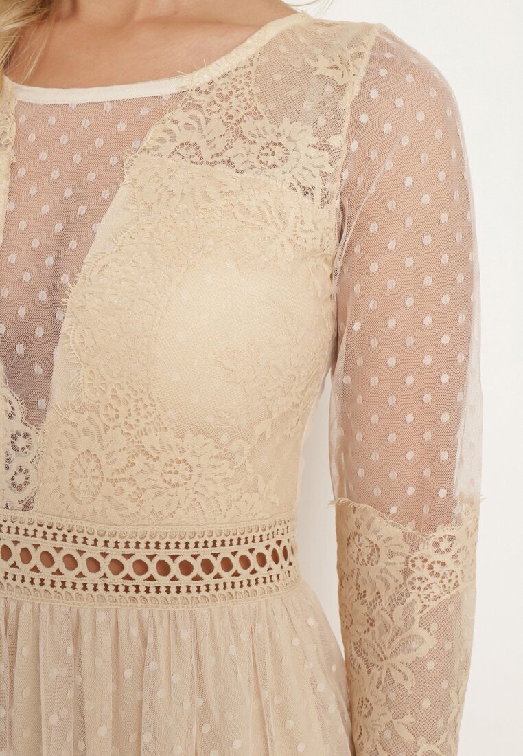 elsa.m by may Rochie Maxi Bej închis cu croială evazată cu dantelă decorativă și tul Steilla