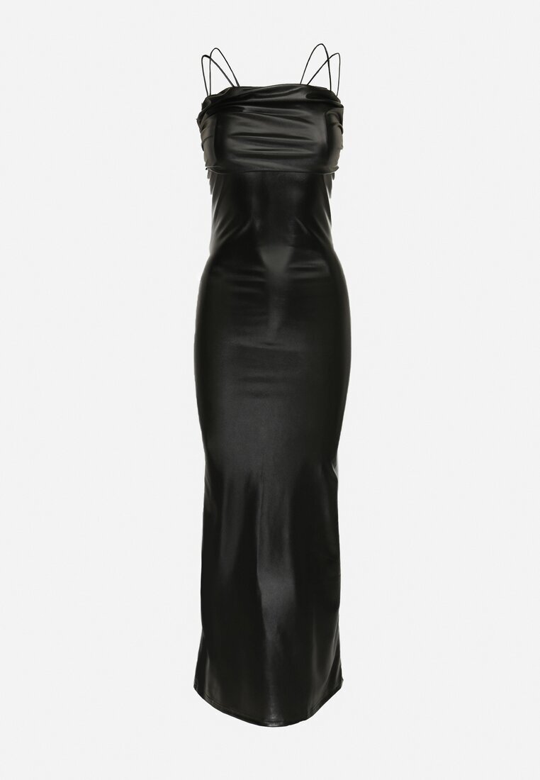 elsa.m by may Rochie Neagră Strălucitoare Maxi din Piele ecologică Fără bretele Liere
