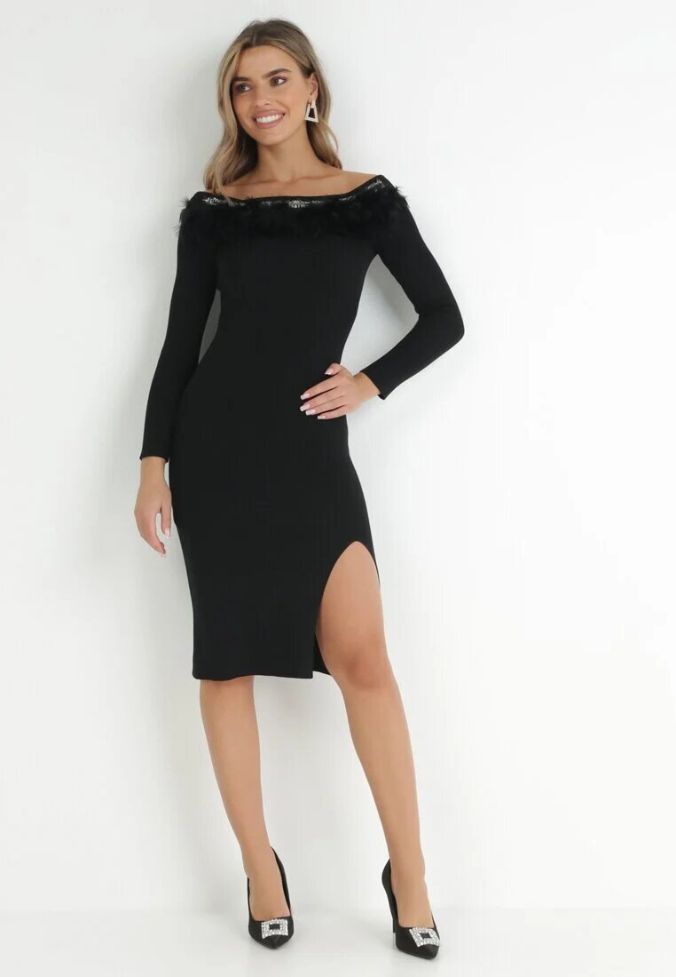 elsa.m by may Rochie Neagră Tricotată cu Pene Preta