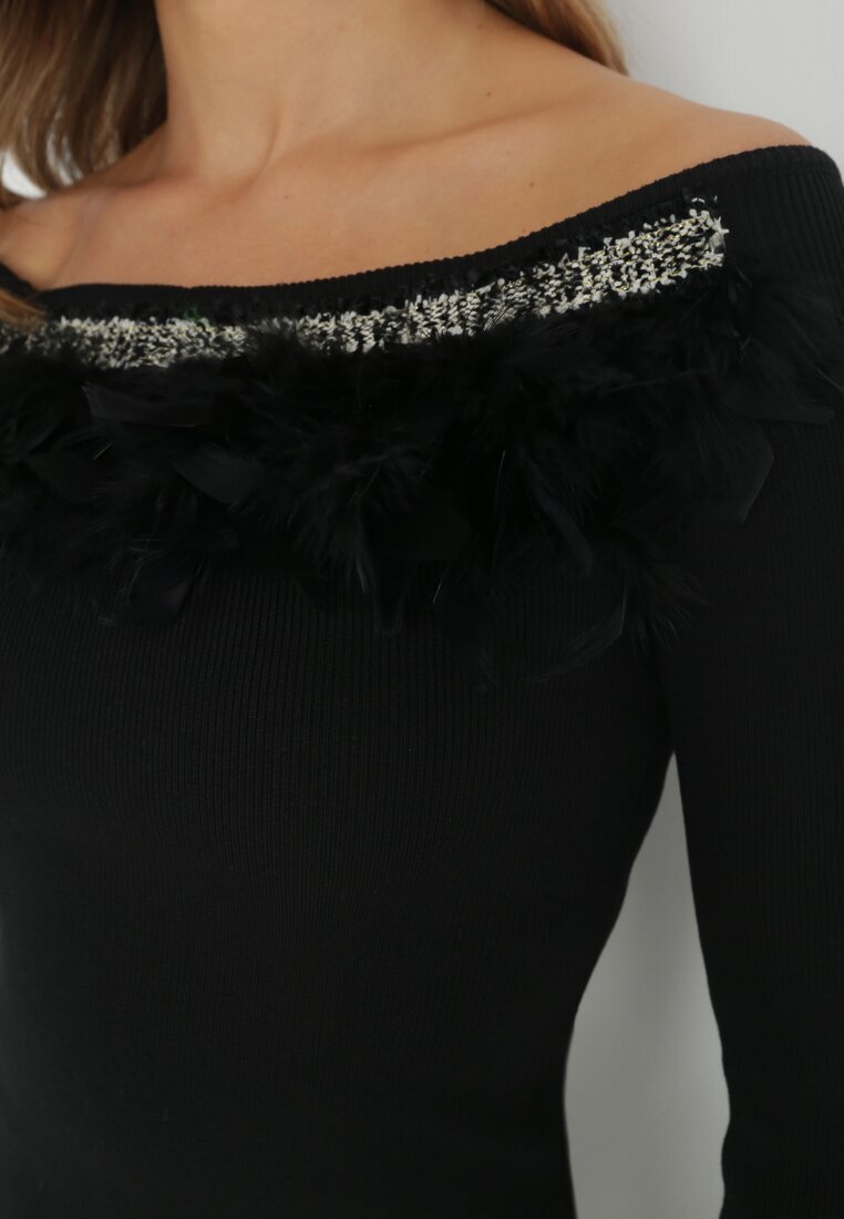 elsa.m by may Rochie Neagră Tricotată cu Pene Preta