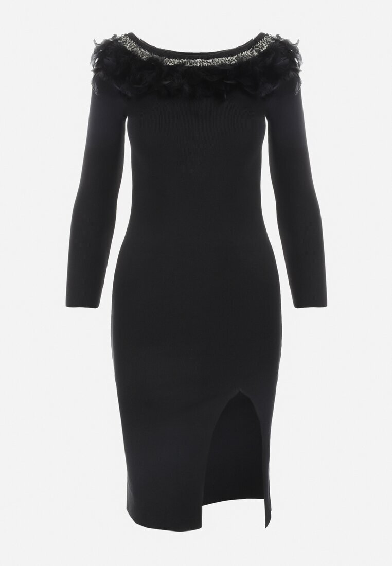 elsa.m by may Rochie Neagră Tricotată cu Pene Preta