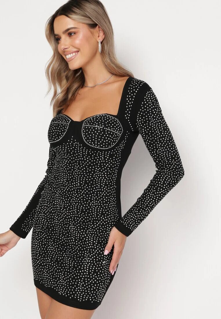 elsa.m by may Rochie Negru-Argintiu din bumbac mini cu push-up cu zirconii și decolteu pătrat Tindalea