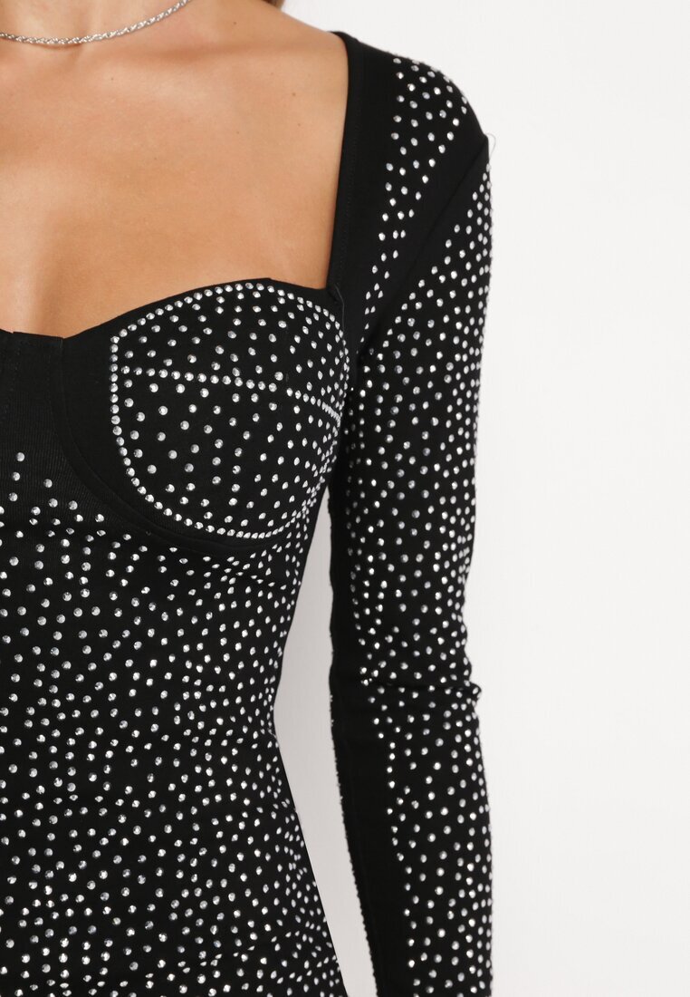 elsa.m by may Rochie Negru-Argintiu din bumbac mini cu push-up cu zirconii și decolteu pătrat Tindalea
