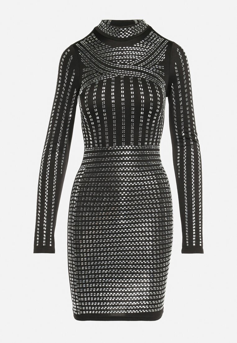 elsa.m by may Rochie Negru-Argintiu Mini cu Semi-guler Decorată cu Zirconii Rosinne