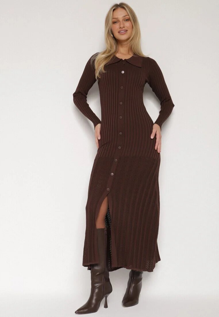 elsa.m by may Rochie pulover din vâscoză maro cu nasturi și guler Delarria