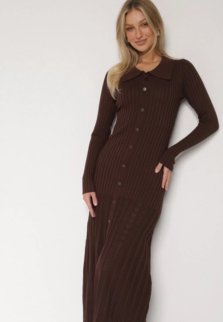 elsa.m by may Rochie pulover din vâscoză maro cu nasturi și guler Delarria