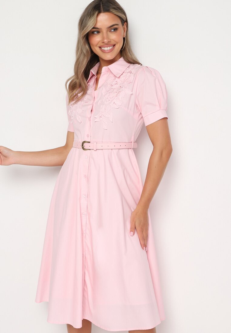 elsa.m by may Rochie Roz cu Dantelă și Curea Decorativă și Guler Gavridia
