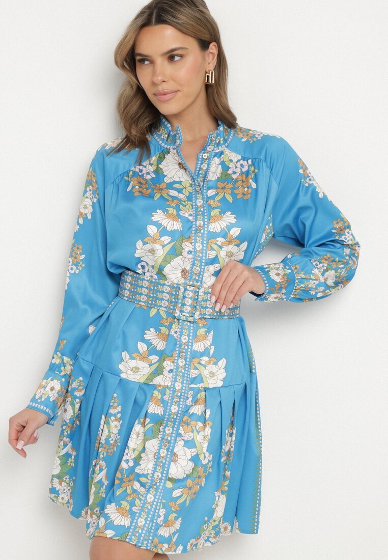 elsa.m by may Rochie Tip Cămașă Albastră cu Imprimeu Floral Mâneci Bufante și Curea Aladira