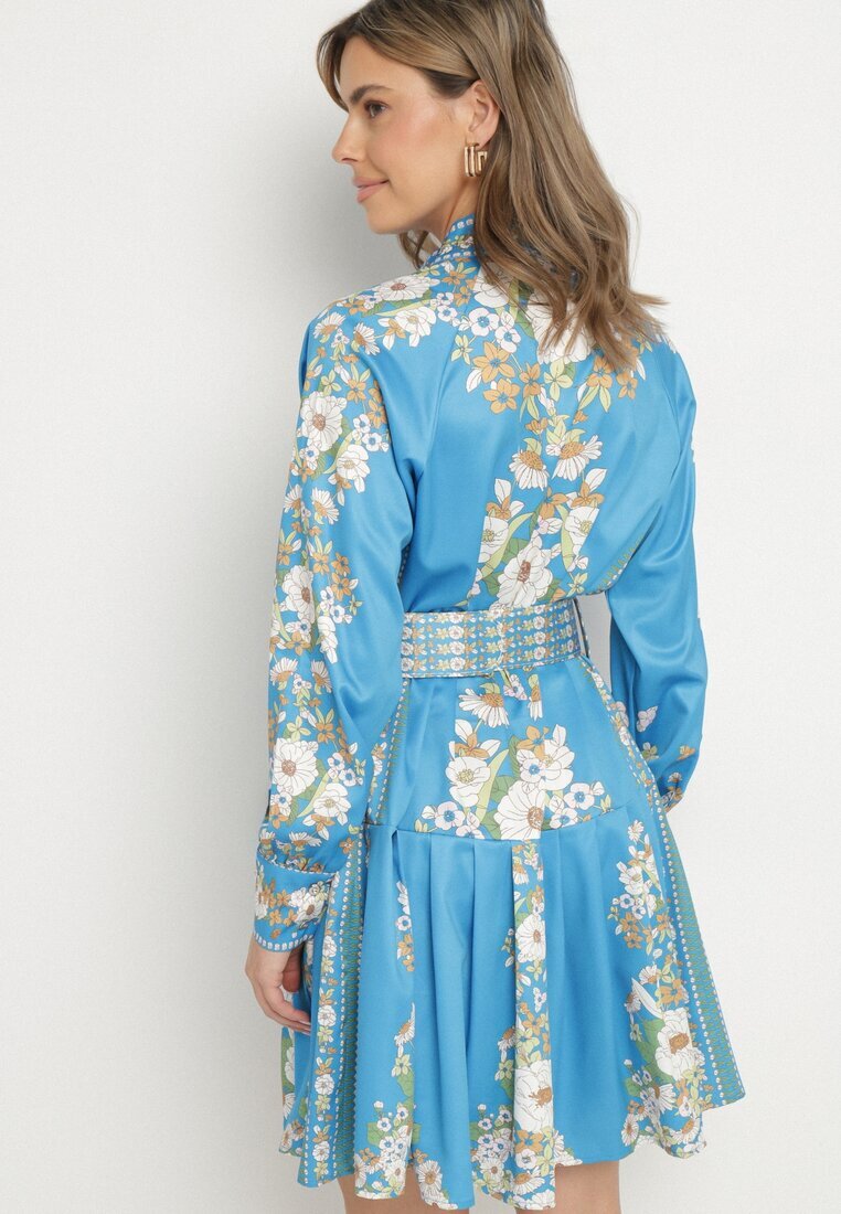 elsa.m by may Rochie Tip Cămașă Albastră cu Imprimeu Floral Mâneci Bufante și Curea Aladira
