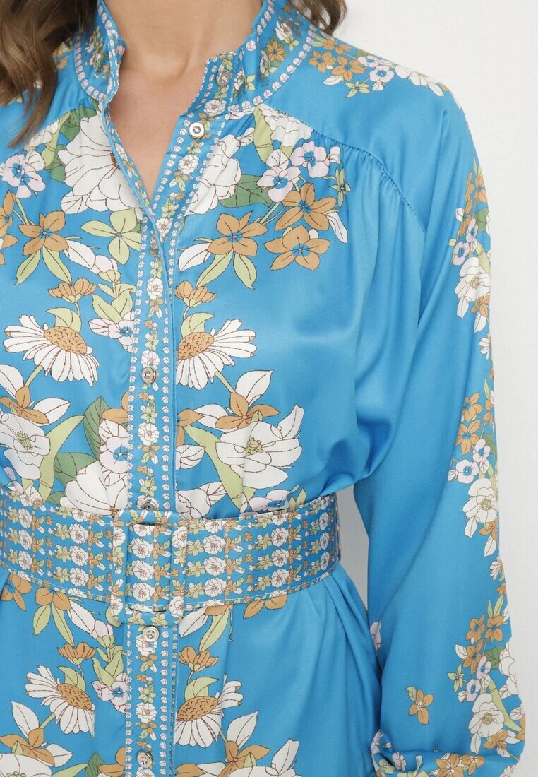 elsa.m by may Rochie Tip Cămașă Albastră cu Imprimeu Floral Mâneci Bufante și Curea Aladira