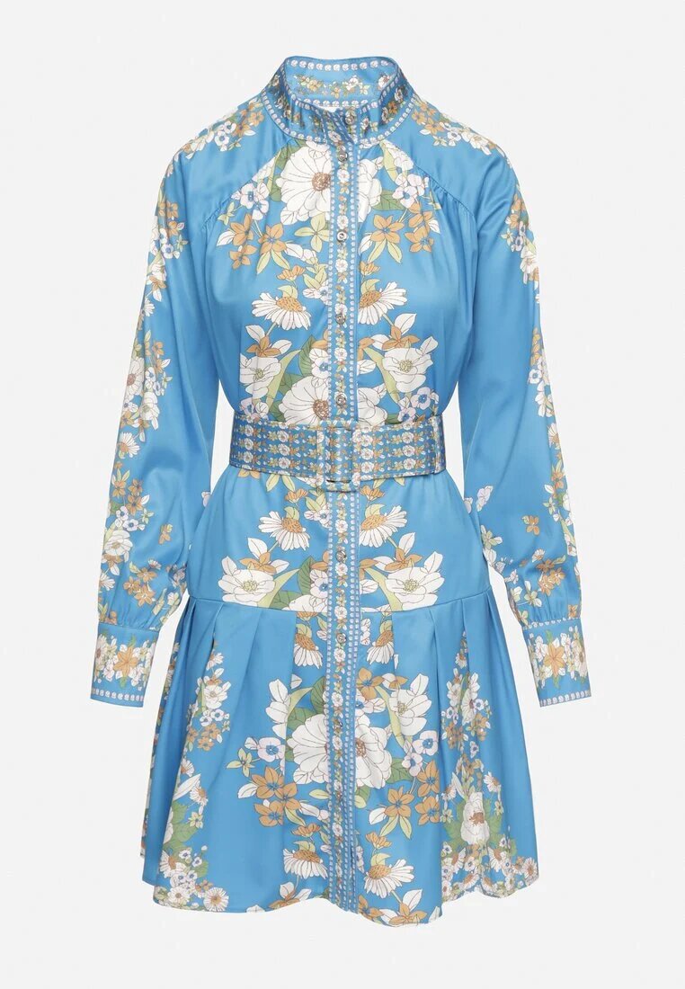 elsa.m by may Rochie Tip Cămașă Albastră cu Imprimeu Floral Mâneci Bufante și Curea Aladira