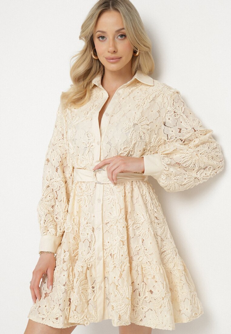 elsa.m by may Rochie tip cămașă bej deschis decorată cu dantelă și broderii cu curea în talie Ronaelle