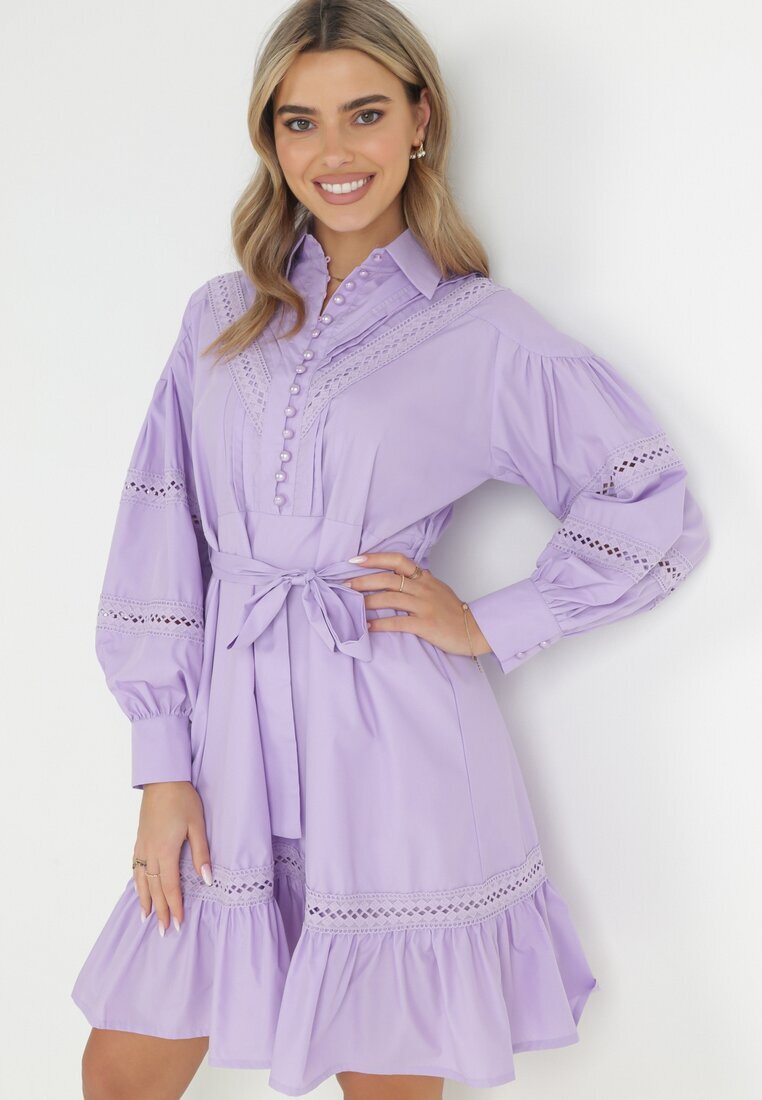 elsa.m by may Rochie tip cămașă mov cu mâneci bufante și inserții ajurate Staples