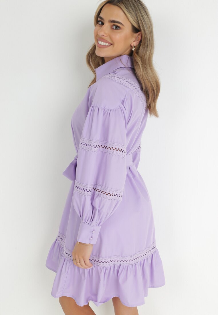 elsa.m by may Rochie tip cămașă mov cu mâneci bufante și inserții ajurate Staples