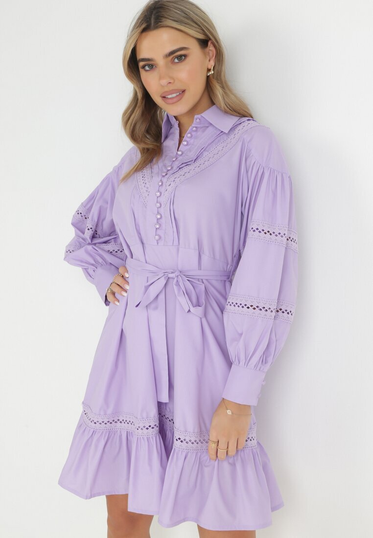 elsa.m by may Rochie tip cămașă mov cu mâneci bufante și inserții ajurate Staples