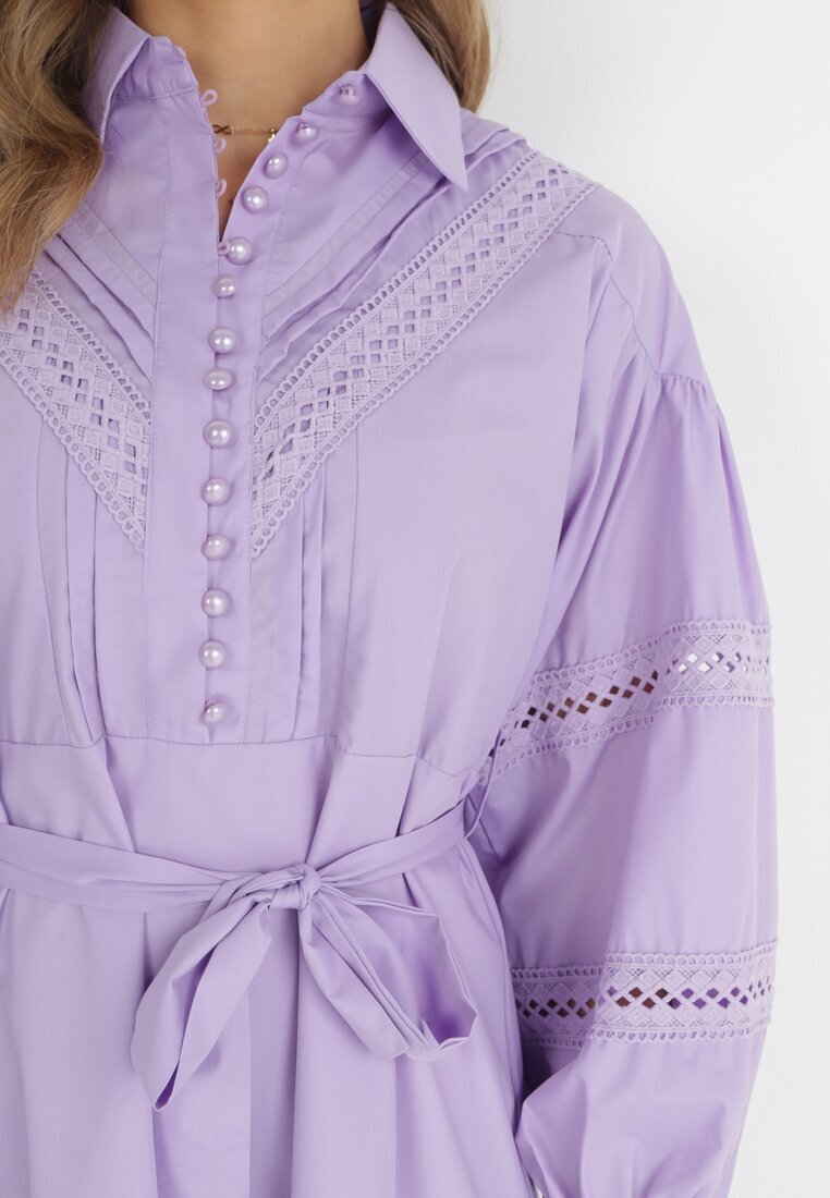 elsa.m by may Rochie tip cămașă mov cu mâneci bufante și inserții ajurate Staples