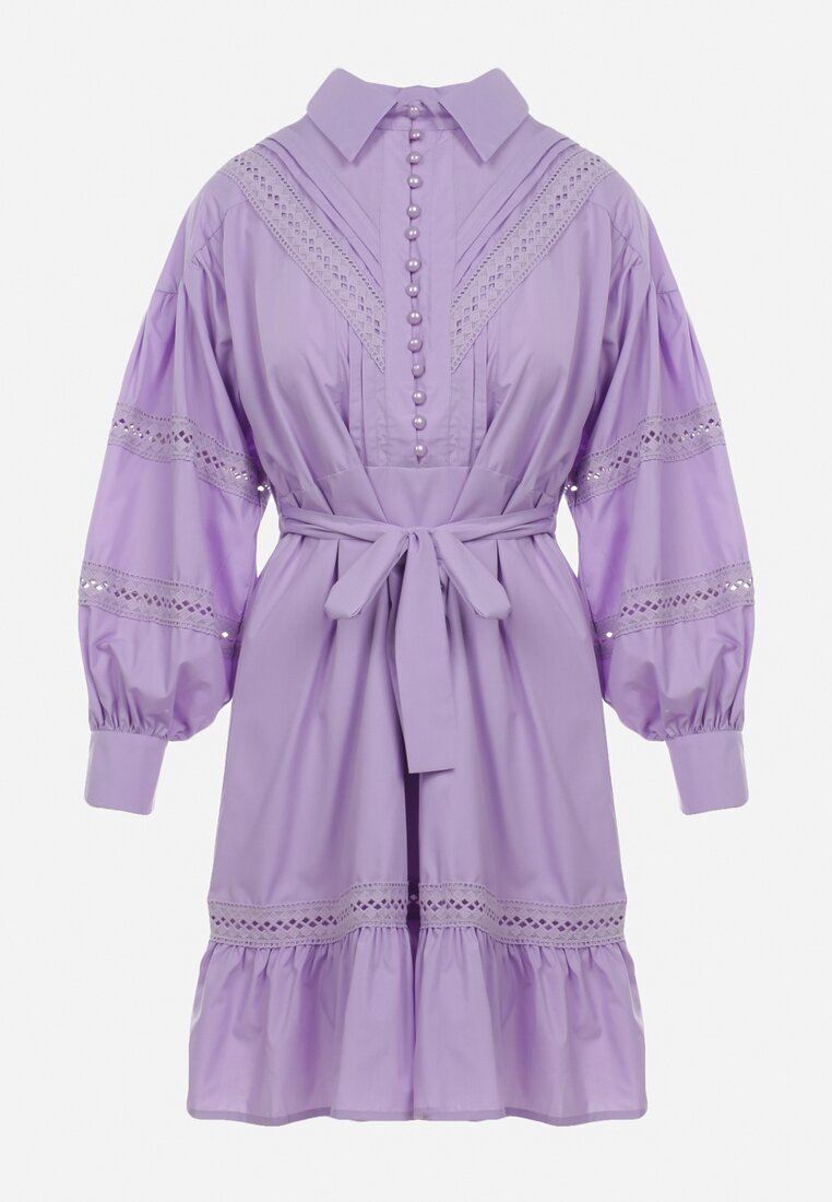 elsa.m by may Rochie tip cămașă mov cu mâneci bufante și inserții ajurate Staples
