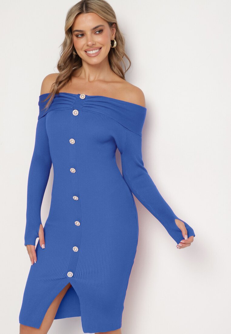elsa.m by may Rochie Tricotată Albastră De Cocktail cu Viscoză nasturi decorativi și decupaj pentru degetul mare Faledi