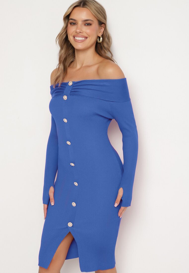 elsa.m by may Rochie Tricotată Albastră De Cocktail cu Viscoză nasturi decorativi și decupaj pentru degetul mare Faledi