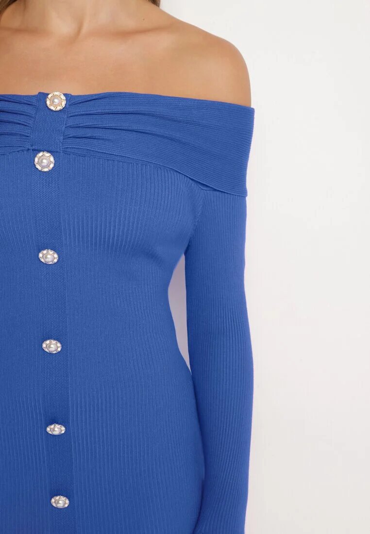 elsa.m by may Rochie Tricotată Albastră De Cocktail cu Viscoză nasturi decorativi și decupaj pentru degetul mare Faledi