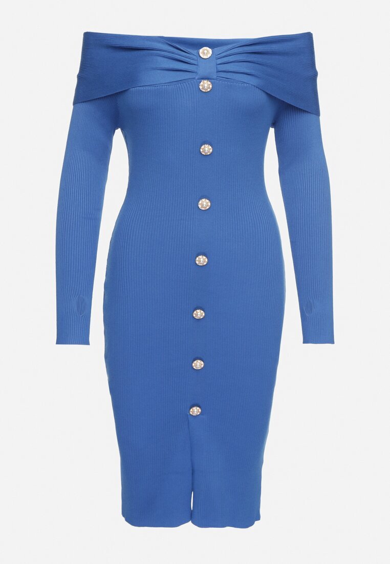 elsa.m by may Rochie Tricotată Albastră De Cocktail cu Viscoză nasturi decorativi și decupaj pentru degetul mare Faledi