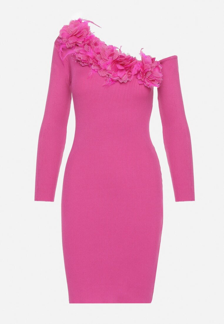 elsa.m by may Rochie tricotată Fucsia cu Vâscoză cu croi asimetric cu flori 3D și pene Nellyra
