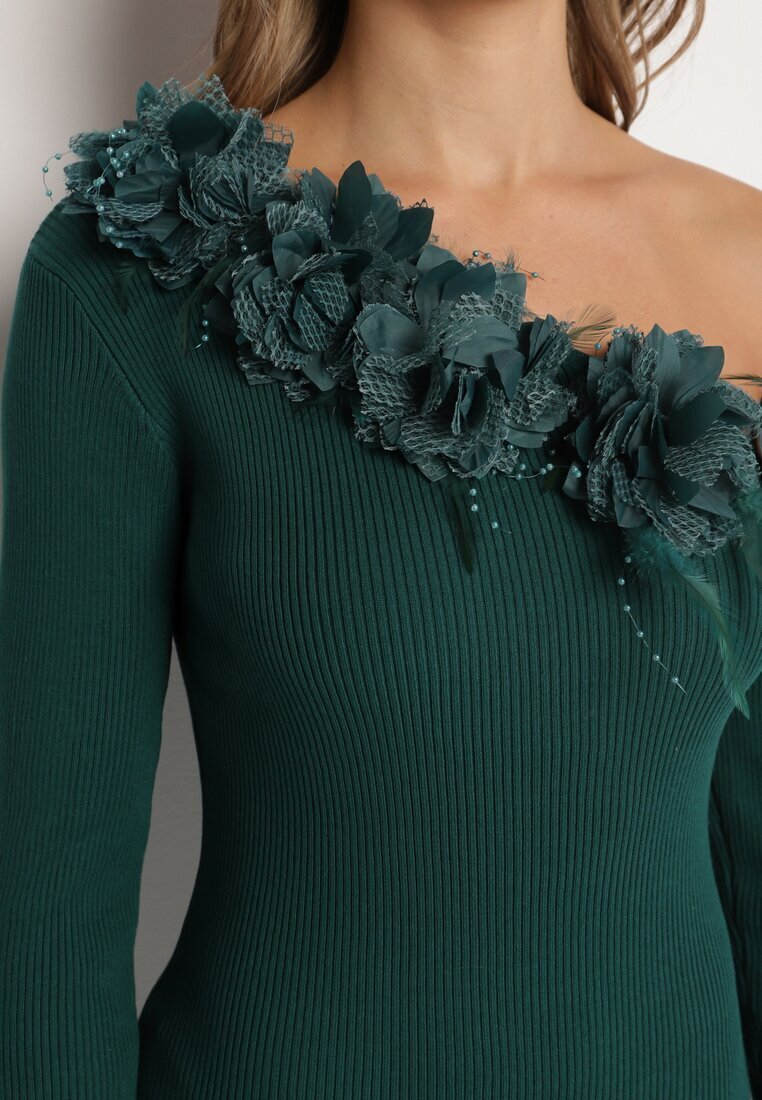 elsa.m by may Rochie Tricotată Verde cu Viscoză cu Croi Asimetric cu Flori 3D și Pene Nellyra