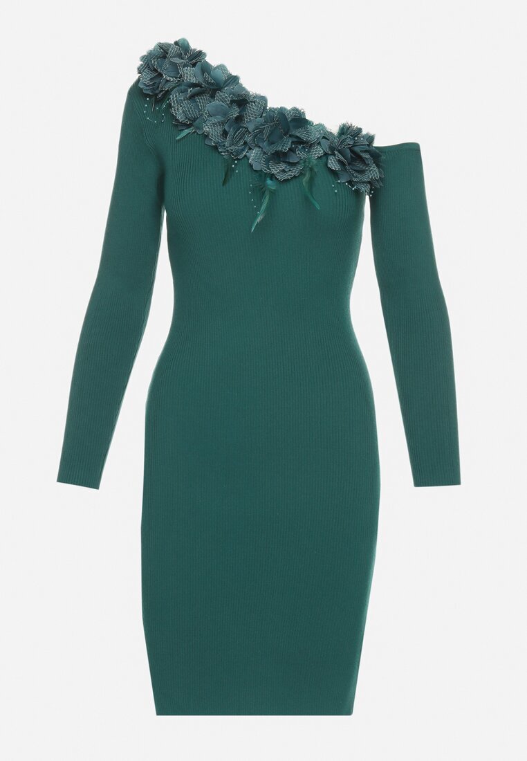 elsa.m by may Rochie Tricotată Verde cu Viscoză cu Croi Asimetric cu Flori 3D și Pene Nellyra