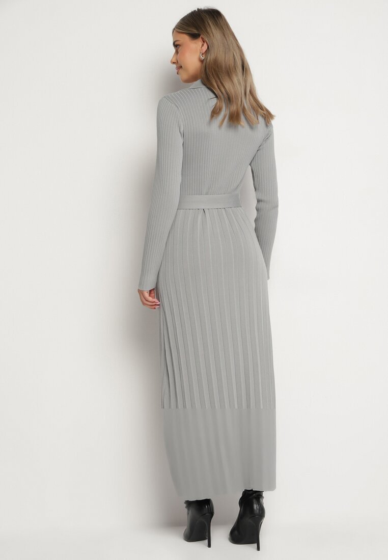 elsa.m by may Rochie Vâscoză Gri din Tricot Plisat cu Centură și Buzunare Cetita
