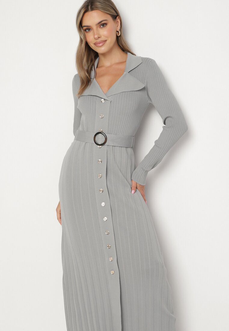 elsa.m by may Rochie Vâscoză Gri din Tricot Plisat cu Centură și Buzunare Cetita