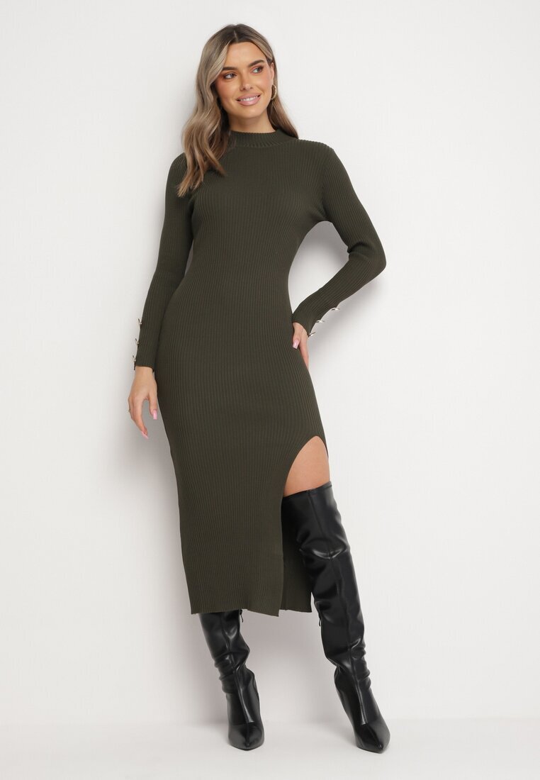 elsa.m by may Rochie Verde închis Reiată Maxi din Viscoză Decorată cu nasturi și cu șliț Pollare