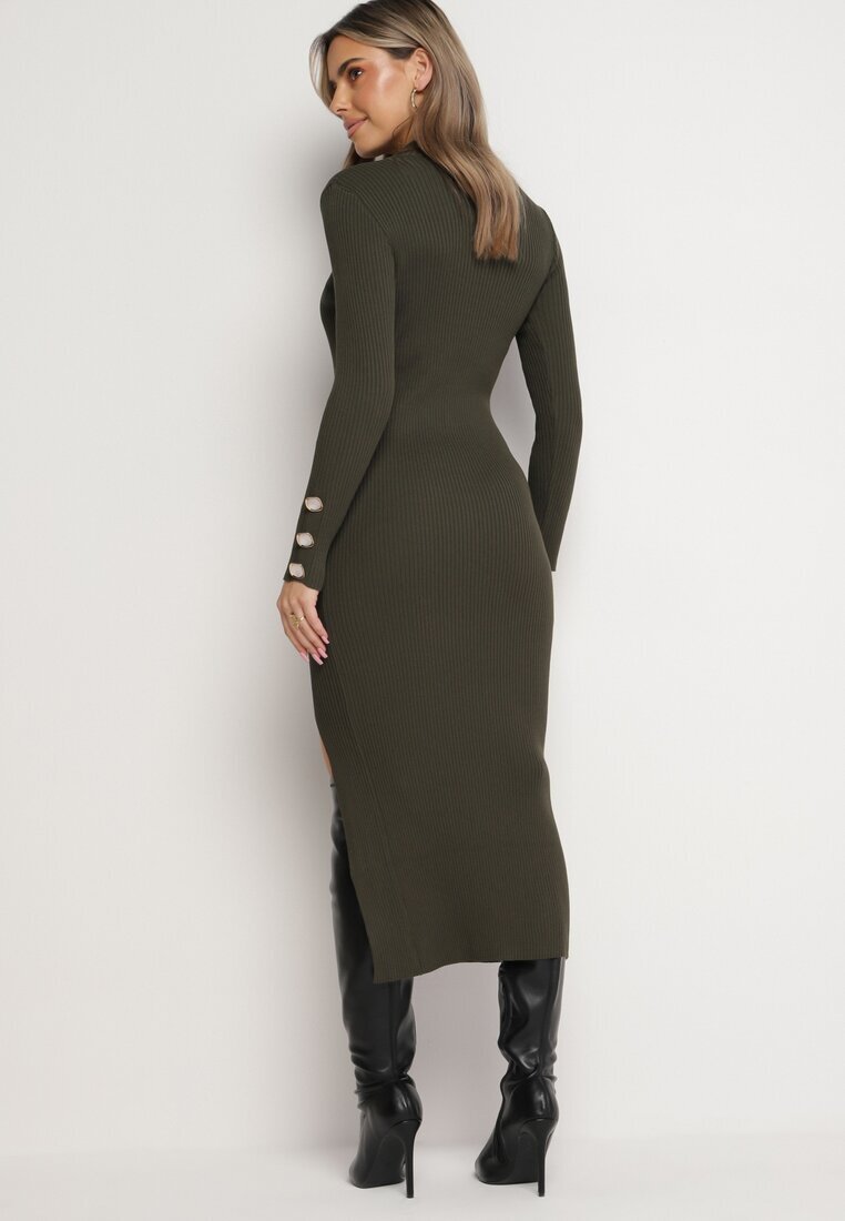 elsa.m by may Rochie Verde închis Reiată Maxi din Viscoză Decorată cu nasturi și cu șliț Pollare