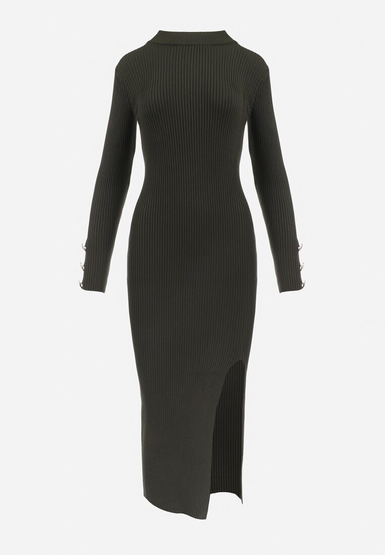 elsa.m by may Rochie Verde închis Reiată Maxi din Viscoză Decorată cu nasturi și cu șliț Pollare