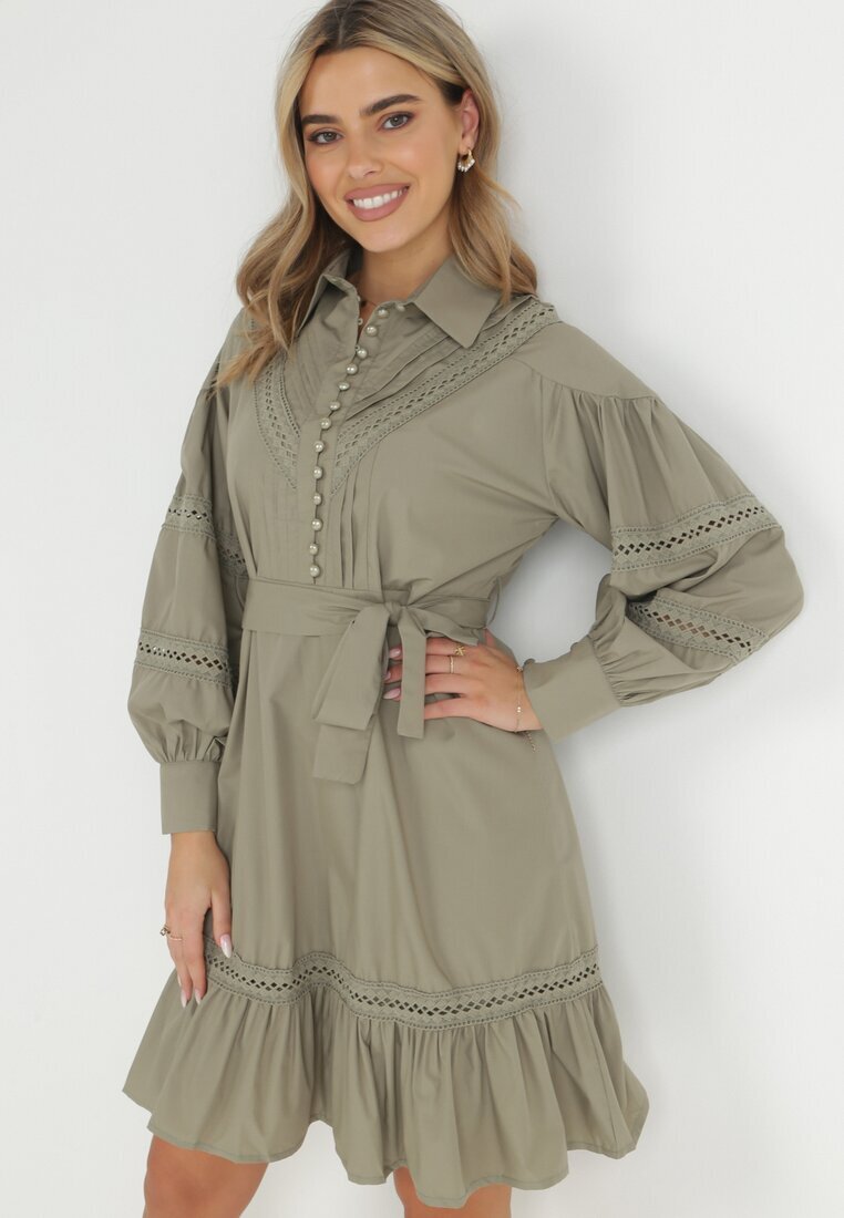 elsa.m by may Rochie Verde închis tip cămașă cu mânecă bufantă și inserții perforate Staples