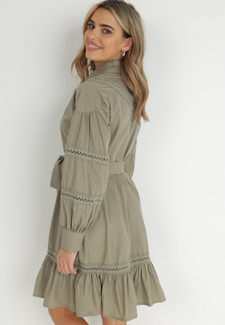 elsa.m by may Rochie Verde închis tip cămașă cu mânecă bufantă și inserții perforate Staples