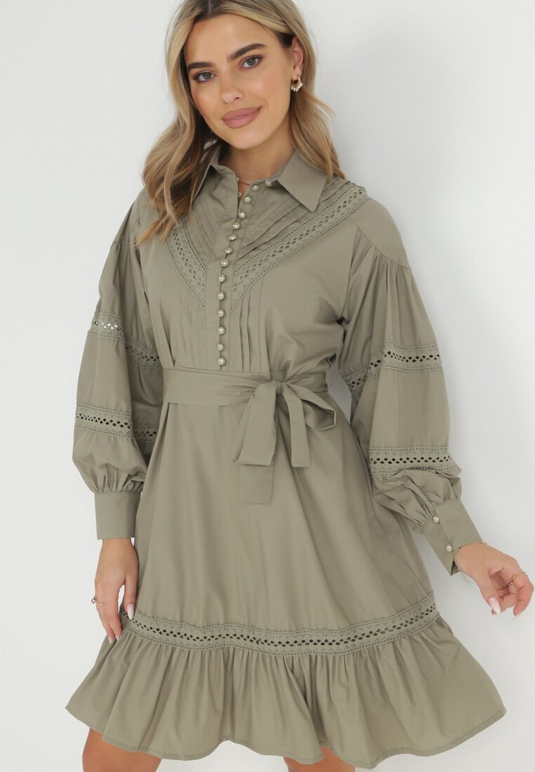 elsa.m by may Rochie Verde închis tip cămașă cu mânecă bufantă și inserții perforate Staples