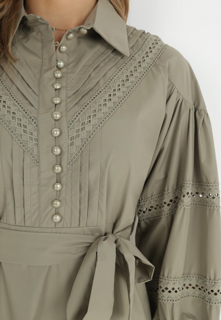 elsa.m by may Rochie Verde închis tip cămașă cu mânecă bufantă și inserții perforate Staples
