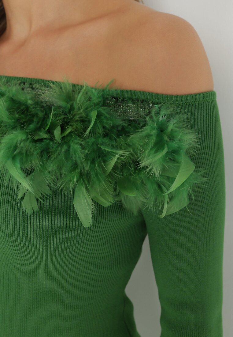 elsa.m by may Rochie Verde Tricotată cu Pene Preta