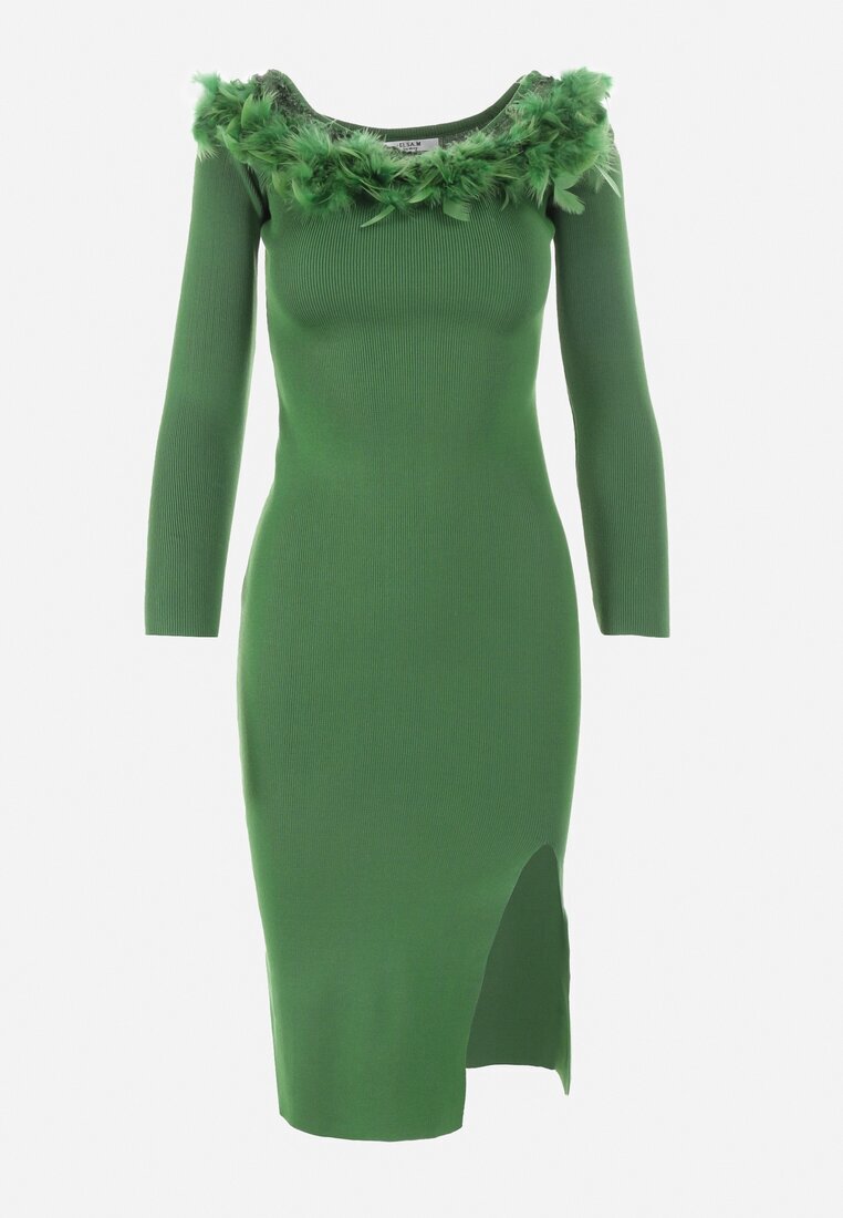 elsa.m by may Rochie Verde Tricotată cu Pene Preta